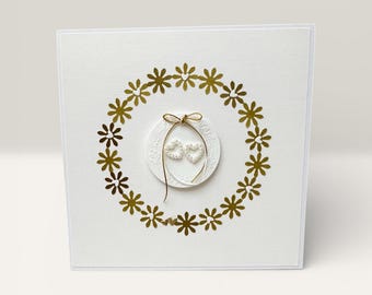 Handmade wedding card • Gold floral wreath with hearts • Elegant wedding congratulations card • Square with envelope • 15 x 15 cm