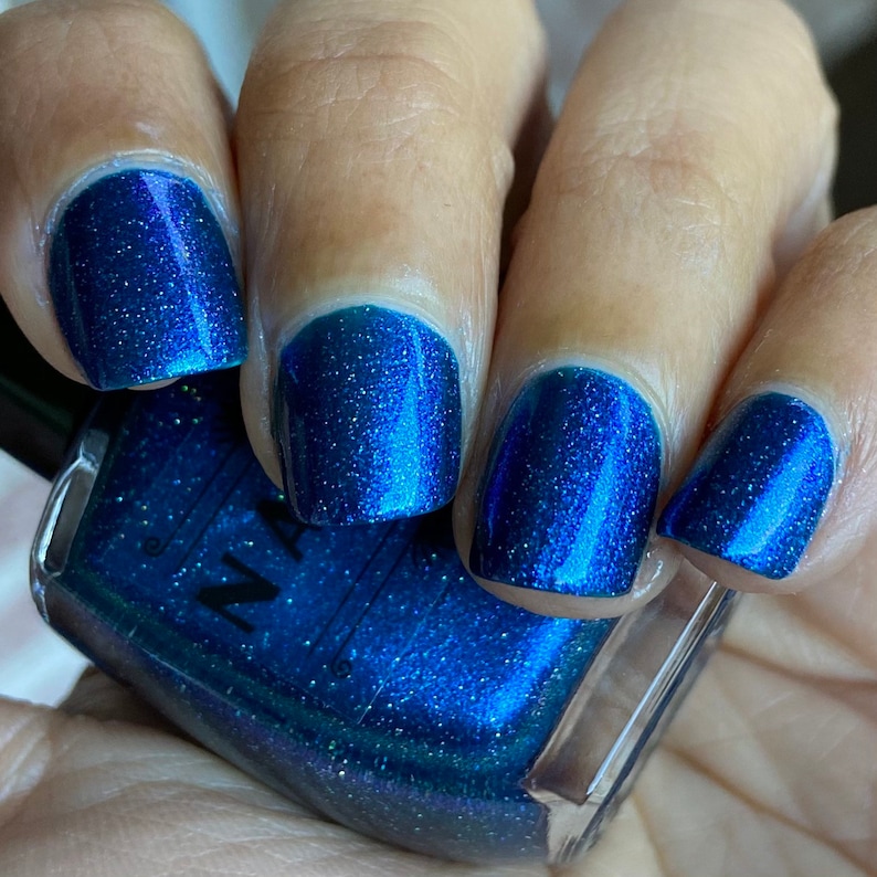 Fair Fight dark Blue shimmer multichrome nail polish with holographic glitter image 7