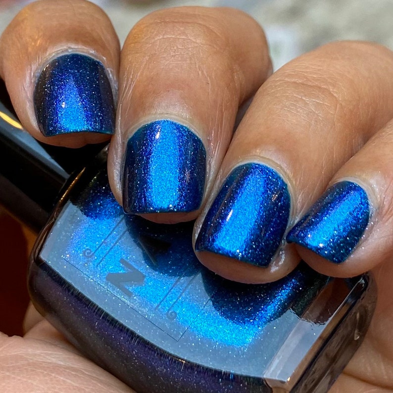 Fair Fight dark Blue shimmer multichrome nail polish with holographic glitter image 10