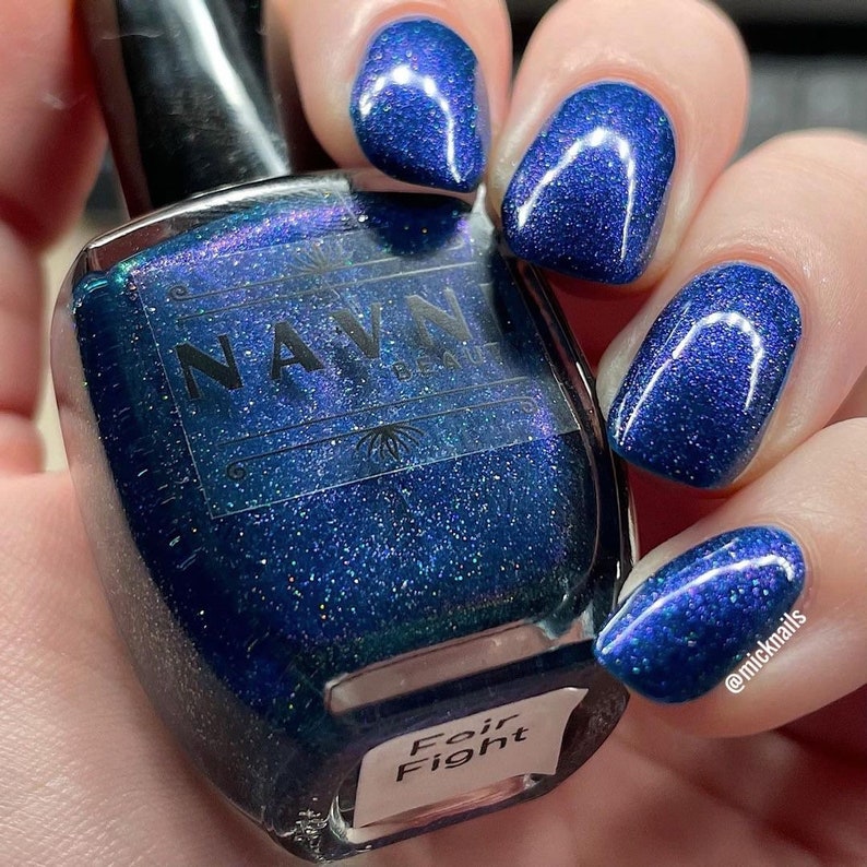 Fair Fight dark Blue shimmer multichrome nail polish with holographic glitter image 9