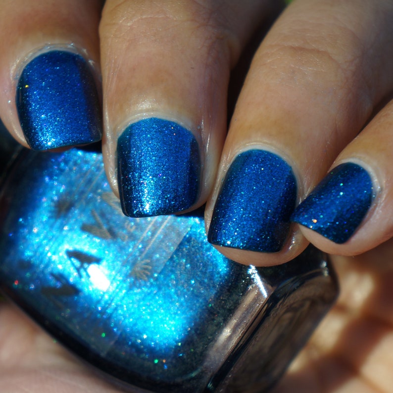 Fair Fight dark Blue shimmer multichrome nail polish with holographic glitter image 8