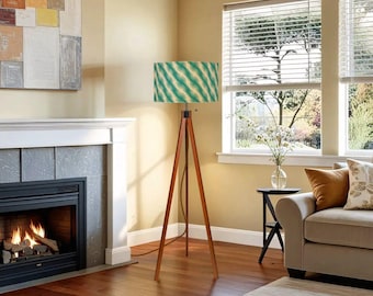 Mid Century Modern Lighting Teal Wave Pattern Tripod Floor Lamp Retro Living Room Decor Geometric Standing Light Accent Lamp