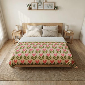 Funda nórdica con estampado de tulipanes rosas, ropa de cama floral escandinava, decoración de dormitorio estilo cottagecore, funda de edredón de arte popular, ropa de cama bohemia