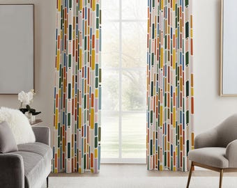Colorful Mid Century Geometric Blackout Curtains Retro Dotted Dash Window Panels Atomic Modern Drapes Living Room Home Decor