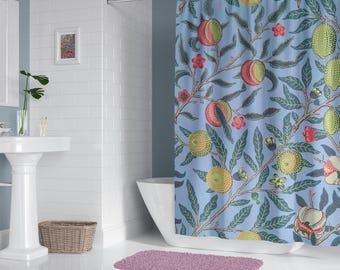 William Morris duschdraperi blå blommig vintage botanisk konst naturälskare estetisk heminredning unik inflyttningspresentidé