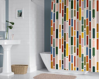 Retro Shower Curtain Mid Century Modern Bathroom Decor Colorful Stripe Scandinavian Bath Curtain Geometric Washroom Accent Housewarming Gift
