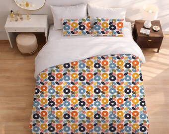 Biancheria da letto floreale retrò, copripiumino con fiori scandinavi, decorazione per camera da letto in stile moderno di metà secolo, fiori astratti colorati in stile MCM, regalo per l'inaugurazione della casa.