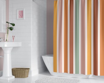 Boho Shower Curtains Retro 70s Seventies Fall Color Scheme Stripes Colorful Striped Bathroom Accessories Neutral Pastel Bathroom Accents