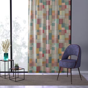 Cortina transparente de mediados de siglo, panel de ventana geométrico retro, cortina de patchwork abstracto, colorida, estilo moderno de mediados de siglo, decoración para sala de estar y dormitorio.