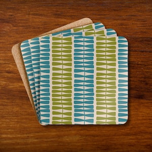 Mid-Century Leaf Pattern Coasters Hardboard Coaster Cork Back Set of 4