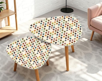 Mid Century Geometric Triangle Coffee Table Set Scandinavian Nesting Side Tables Retro Bamboo Accent Furniture MCM Home Decor