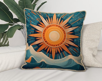 Velvet Bordered Pillow Covers Art Deco Throw Pillow Blue and Orange Cover for Square Cushion Boho Accent Decor Starburst Velvet Trim Pillow