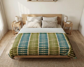 Mid-Century Geometric Abstract Leaf MCM Duvet Cover Green Teal Pattern OEKO-TEX® Certified Cotton Bedding