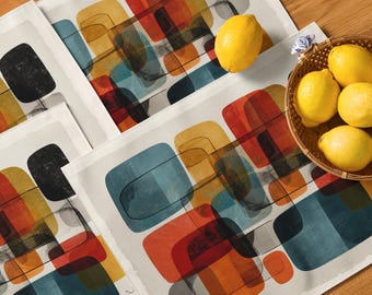 Retro keuken- en eetkamerplacemat set van vier rechthoekige placemats halverwege de eeuw modern abstract kleurrijk servies housewarmingcadeau