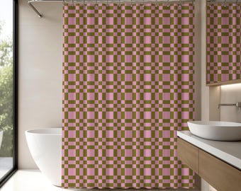 Stile Boho Home Tenda da doccia a scacchi Bauhaus rosa e verde Decorazione bagno retrò Tenda da bagno geometrica Accenti per bagno Mid-Mod