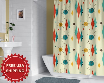 Mid Century Modern Shower Curtains Boho Bathroom Atomic Fifties 50's Retro Design Unique Shower Curtain Housewarming Gift Ideas For New Home