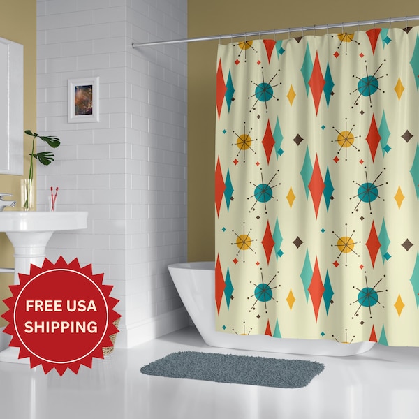 Mid Century Modern Shower Curtains Boho Bathroom Atomic Fifties 50's Retro Design Unique Shower Curtain Housewarming Gift Ideas For New Home