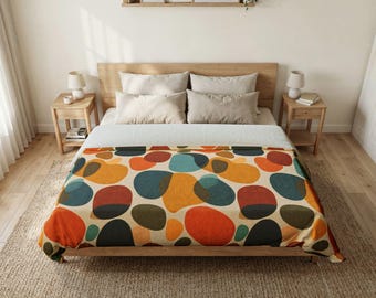 Copripiumino in cotone con motivo astratto a ciottoli, stile minimalista di metà secolo, biancheria da letto boho geometrica, regalo per l'inaugurazione della casa.