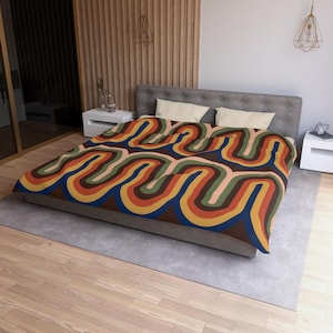 Duvet Cover 70&#39;s Retro Geometric Design Fall Colors Bedding Vintage Aesthetic Home Decor
