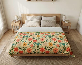 Copripiumino floreale retrò, biancheria da letto in stile folk art, arte floreale naif, copripiumino con fiori selvatici colorati, arredamento camera da letto cottagecore, copriletto boho.