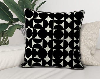 Black White Geometric Throw Pillow Cover Mid Century Modern Cushion Abstract Retro Accent Decor Monochrome Home Styling,Velvet Trim Pillow