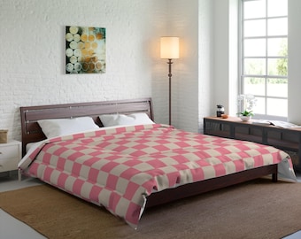 Trapunta a scacchi rosa, biancheria da letto retrò, copripiumino geometrico pastello, coperta funky per dormitorio, arredamento camera da letto groovy