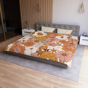 Housse de couette Queen King, literie simple, floral groovy, chambre à coucher bohème des années 70, motif Flower Power, cadeau de pendaison de crémaillère, nouvelle première maison