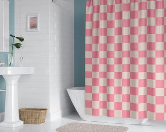 Tenda da doccia retrò rosa crema a scacchi geometrici, paraschizzi per bagno in stile pastello, decorazione moderna per il bagno, regalo originale per l'inaugurazione della casa.