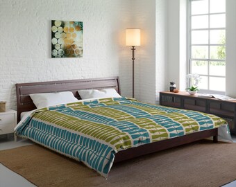 Trapunta a righe geometriche blu e verdi, biancheria da letto in stile moderno di metà secolo, coperta retrò per camera da letto, copriletto scandinavo, trapunta per la casa