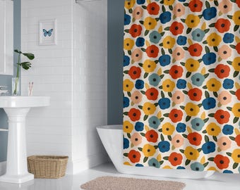 Tenda da doccia retrò, decorazione bagno in stile moderno di metà secolo, tenda da bagno scandinava con motivo floreale e papaveri, accessorio bagno colorato, regalo per l'inaugurazione della casa.