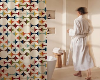 Tenda da doccia di metà secolo, accessorio per il bagno, design retrò, motivo geometrico, estetica colorata, bagno moderno, stile MCM, antimicrobico
