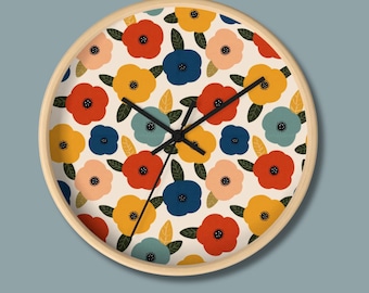Orologio da parete con motivo floreale retrò, orologio moderno di metà secolo, orologio scandinavo con fiori, decorazione colorata per la cucina, regalo per l'inaugurazione della casa.