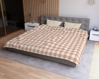 Copripiumino a quadretti color beige, classico motivo scozzese retrò, biancheria da letto in morbido color tortora, complementi d'arredo neutri per la camera da letto, unisex.