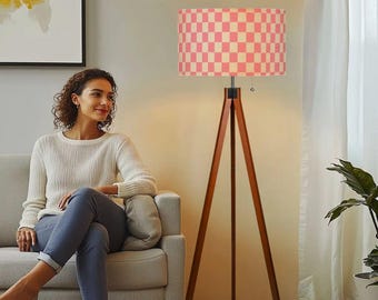 Pink Checkered Tripod Floor Lamp Retro Checkerboard Lighting Pastel Mid Century Modern Decor Cottagecore Standing Light Accent Lamp