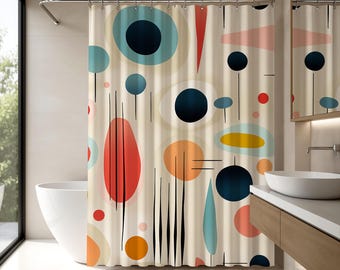 Tenda da doccia boho, decorazione bagno moderna di metà secolo con motivo astratto, accessori da bagno colorati con motivi organici.