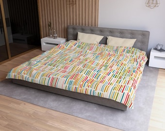 Copripiumino in stile Mid-Century Modern, biancheria da letto retrò con motivi geometrici e colorati, copripiumino a righe, biancheria da letto astratta, arredamento per camera da letto aggiornato.