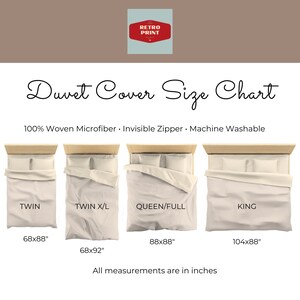 May include: Duvet cover size chart with measurements in inches. Includes Twin (68x88 in), Twin XL (68x92 in), Queen/Full (88x88 in), and King (104x88 in) sizes. Features text: 100% Woven Microfiber, Invisible Zipper, Machine Washable.