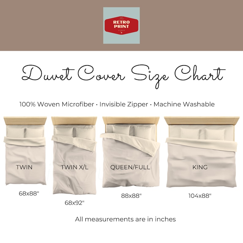 May include: Duvet cover size chart with measurements in inches. Includes Twin (68x88 in), Twin XL (68x92 in), Queen/Full (88x88 in), and King (104x88 in) sizes. Features text: 100% Woven Microfiber, Invisible Zipper, Machine Washable.