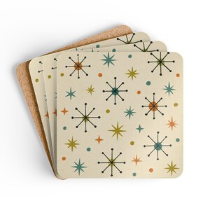 Posavasos con diseño de estrella de mediados de siglo, juego de 4 posavasos de tablero duro, accesorios retro para cocina y comedor.