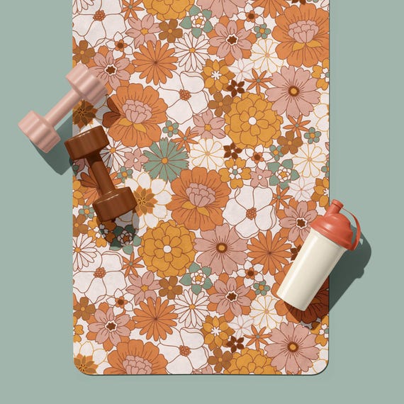 Boho Yoga Mat Seventies Floral 70's Flower Design Pattern Ideal Gift For Fitness Exercise Enthusiast Non-Slip Pilates Mat For Home Workouts