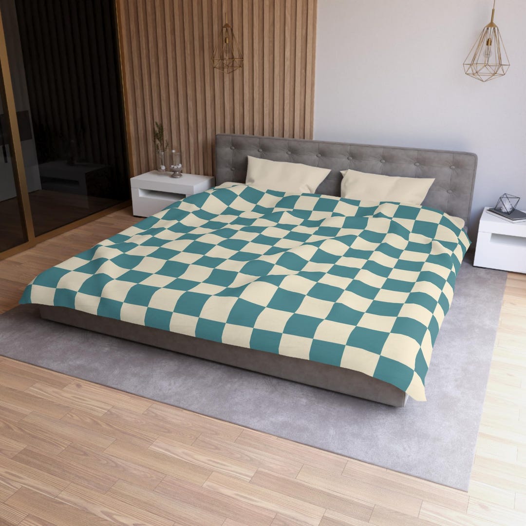 Check Pattern Bedding Mid-century Check Pattern Bedding Teal and Cream Checkered Duvet Cover ...
