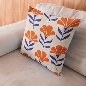 Cute Pillows For Couch Throw Cushion Sofa Retro Floral Abstract Pattern Blue and Orange Flower Design Boho Floral Cottagecore Aesthetic Home
