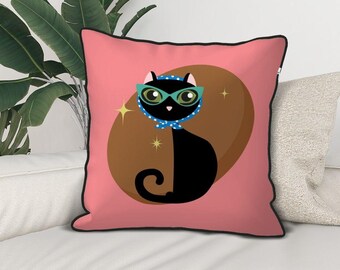 Throw Pillow Cover Retro Mid Century Modern Atomic Cat Cushion Case Pink Kitschy Decor Black Cat Lover Gift Velvet Pillow Case With Trim