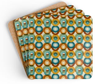 Posavasos de cartón duro con diseño retro de círculos geométricos, base de corcho, juego de 4