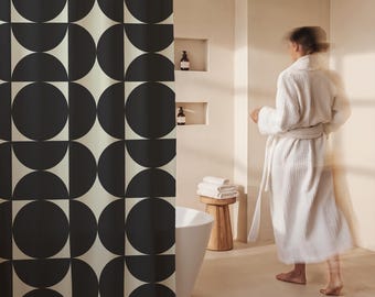 Tenda da doccia Bauhaus nera ed ecru, con motivi geometrici, ideale per il bagno in stile moderno di metà secolo, un regalo unico per lui o per lei, perfetta per la camera da letto.