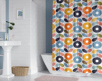 Tenda da doccia floreale stile Mid-Century, tenda da bagno retrò scandinava, decorazione floreale moderna per il bagno, complemento d'arredo botanico colorato.