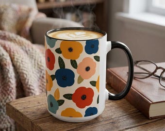 Tazza con motivo floreale retrò, tazza da caffè in stile Mid-Century Modern, tazza da tè scandinava con fiori di papavero, stoviglie in ceramica colorate, regalo per l'inaugurazione della casa.