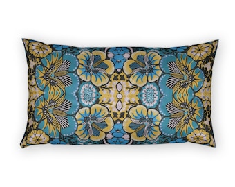 Federa per cuscino con mandala floreale blu e oro, stile boho, copricuscino lombare, decorazione vintage botanica per camera da letto, complemento d'arredo massimalista, regalo per l'inaugurazione della casa.