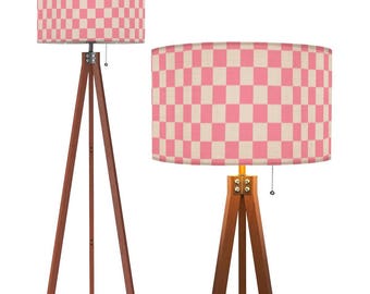 Pink Checkered Tripod Floor Lamp Retro Checkerboard Lighting Pastel Mid Century Modern Decor Cottagecore Standing Light Accent Lamp