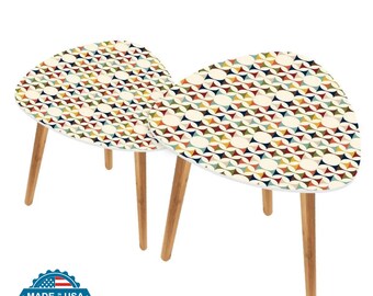 Mid Century Nesting Side Tables Geometric Triangle Coffee Table Set Scandinavian Retro Bamboo Accent Furniture MCM Home Decor